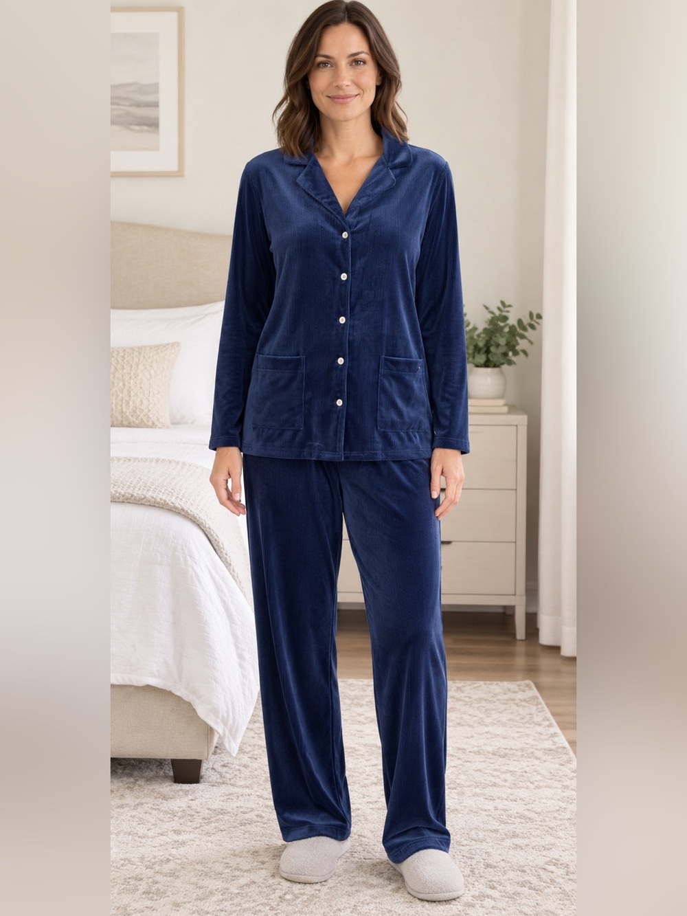 Nine West Navy Blue Ribbed Velour Pajama Set Sz L Soft Button Front Top Pants PJ